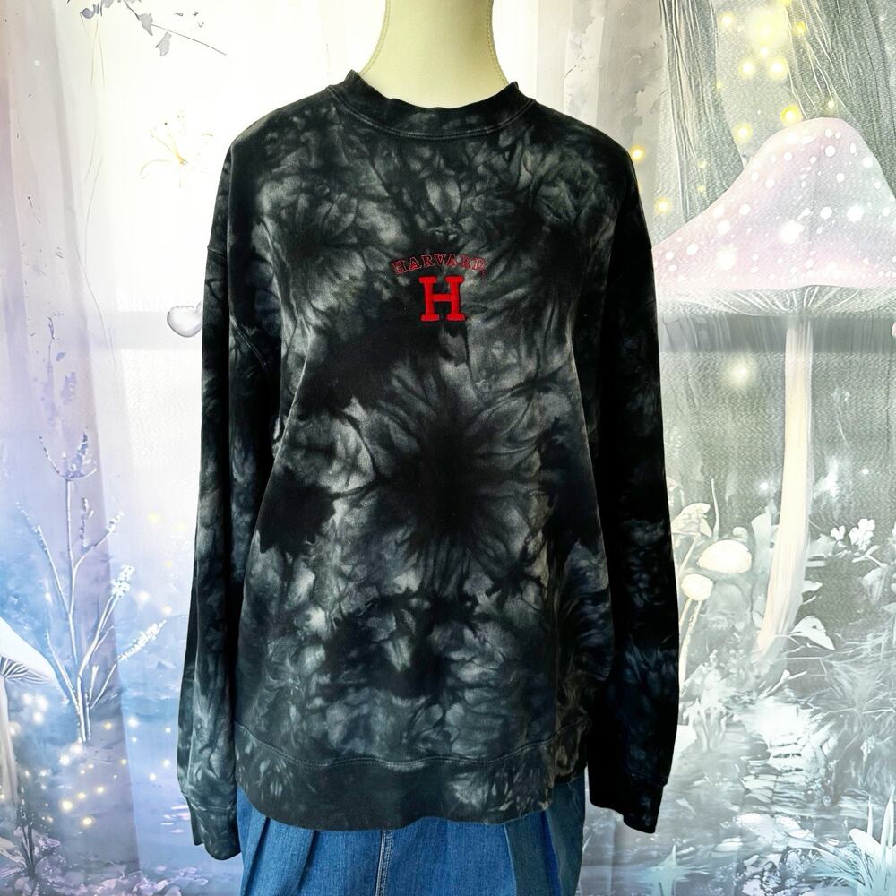 Harvard Embroidered Tie Dye Crewneck Sweatshirt Unisex Size Large Black